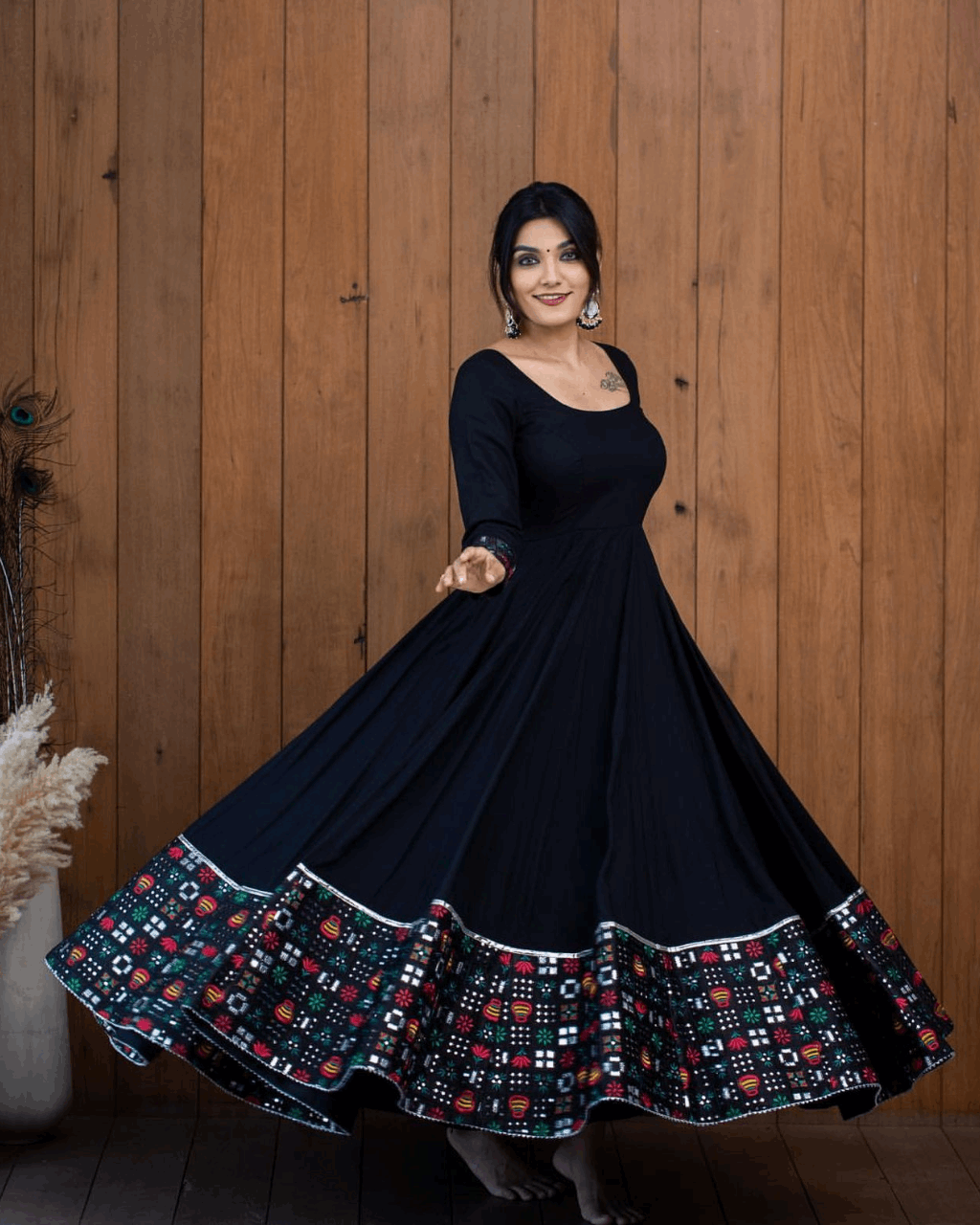 Black Designer Cotton Ethnic Motif Printed Gown Citystanja