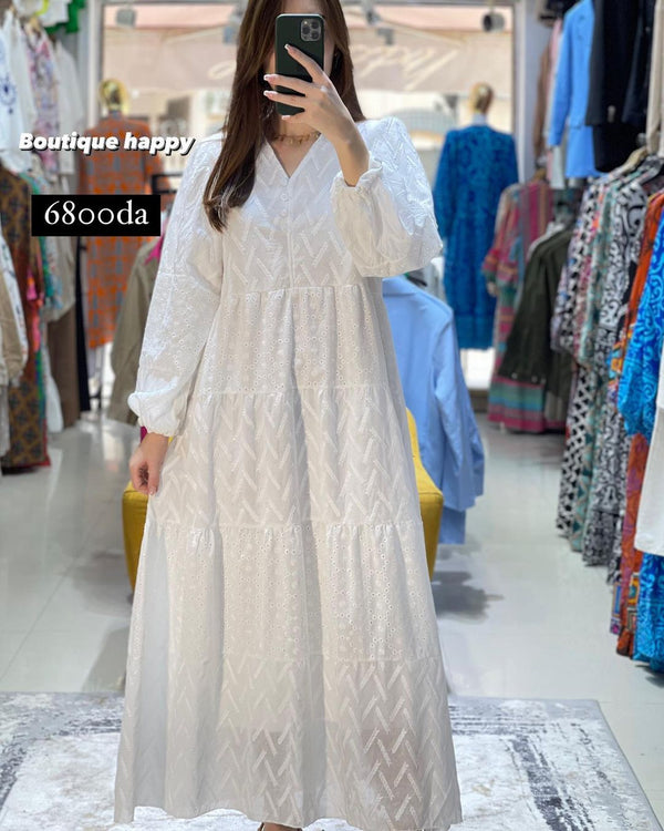 WHITE LONG DRESS SCREEN PRINTED LONG ONE PIECE DRES=970