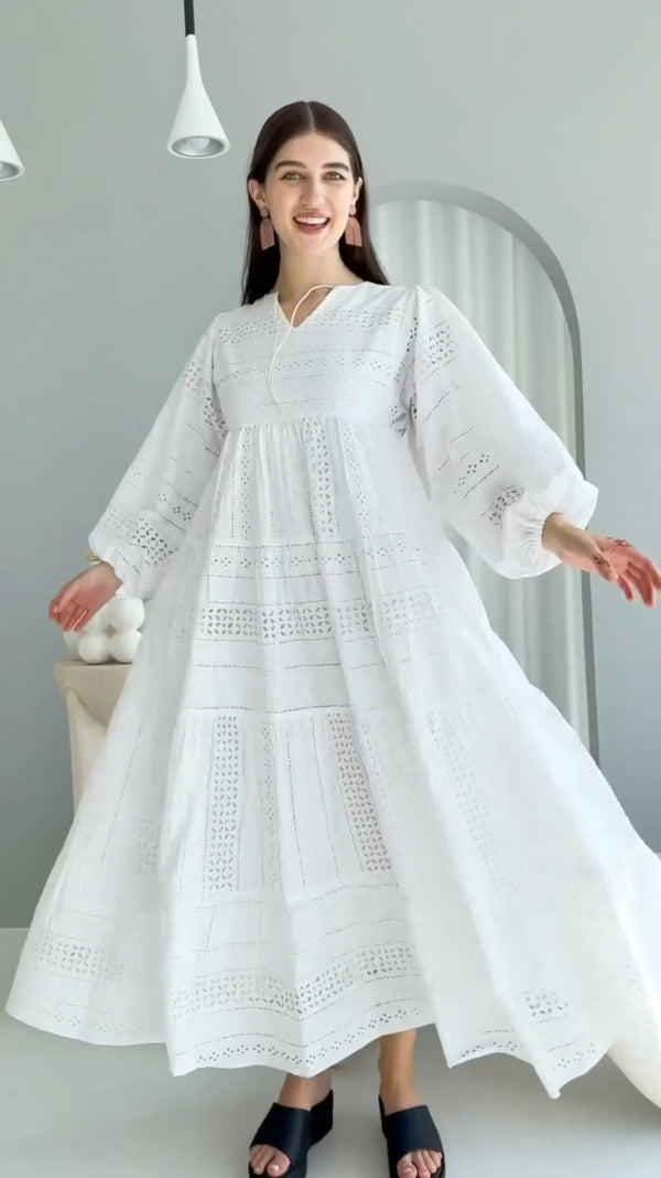 Cotton Screen printed white tired anarkali full sleeve one piece dress