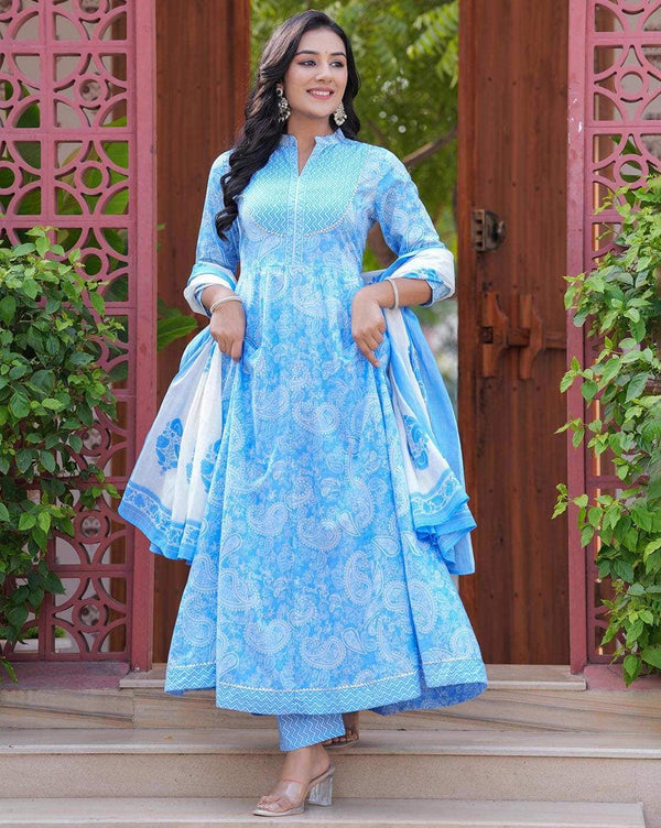 Blue Floral Printed Anarkali Kurta Set with Dupatta