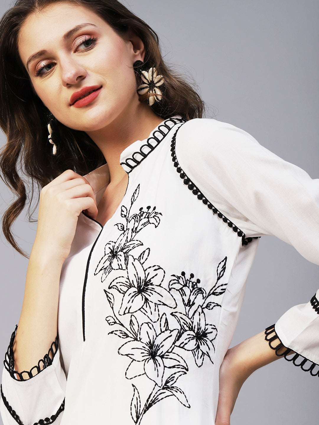 Solid printed Crochet Lace Work Kurta With Pants - White