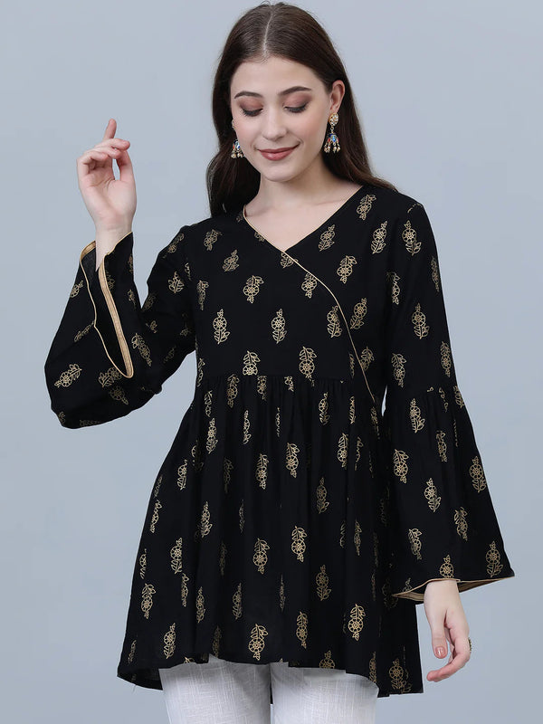 Screen Printed Cotton Black Angrakh TopS