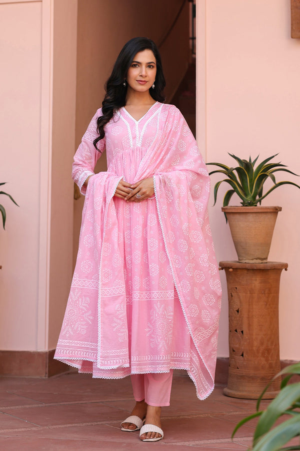 Pink Cotton Printed Gathered Anarkali Set