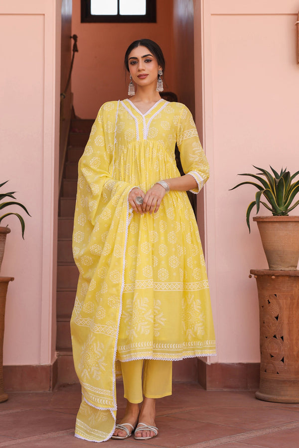 Yellow Cotton  Printed Gathered Anarkali Set