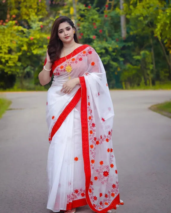 White & Red Halfsilk Saree With Blouse