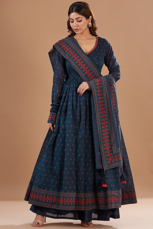 Blue Pure cotton Printed Anarkali Set