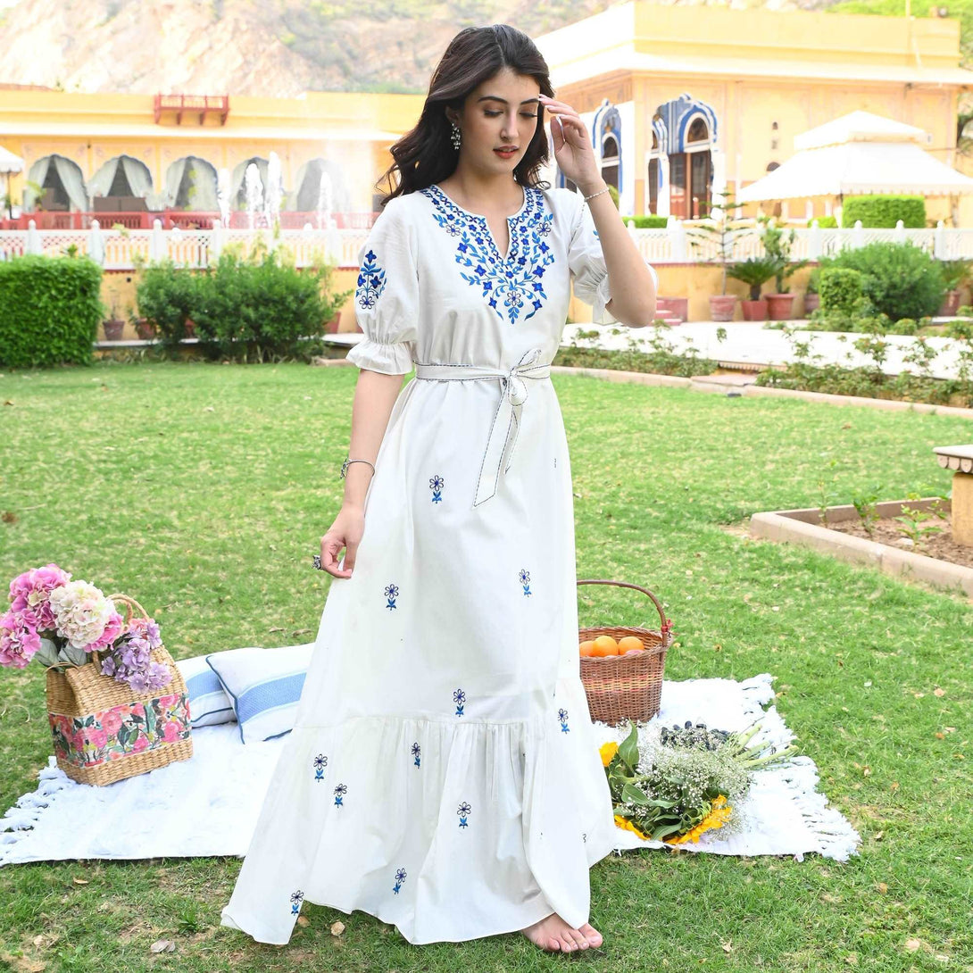 EMBROIDERY WHITE  LONG  PREMIUM QUAITY COTTON DRESS-783 - Citystanja