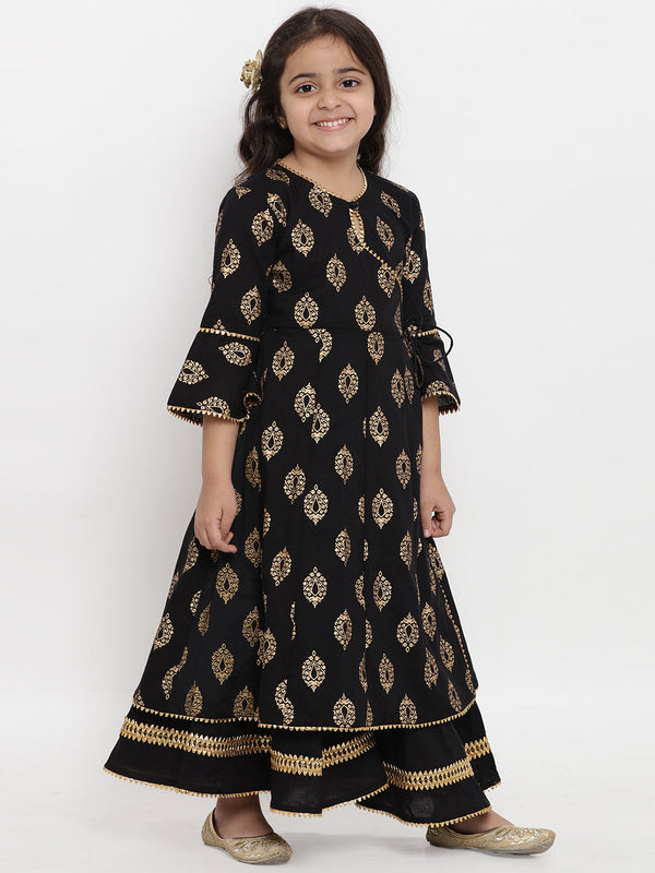 Black Foil Screen Printed Kurta Has V Neck And Angrakha Ethnic