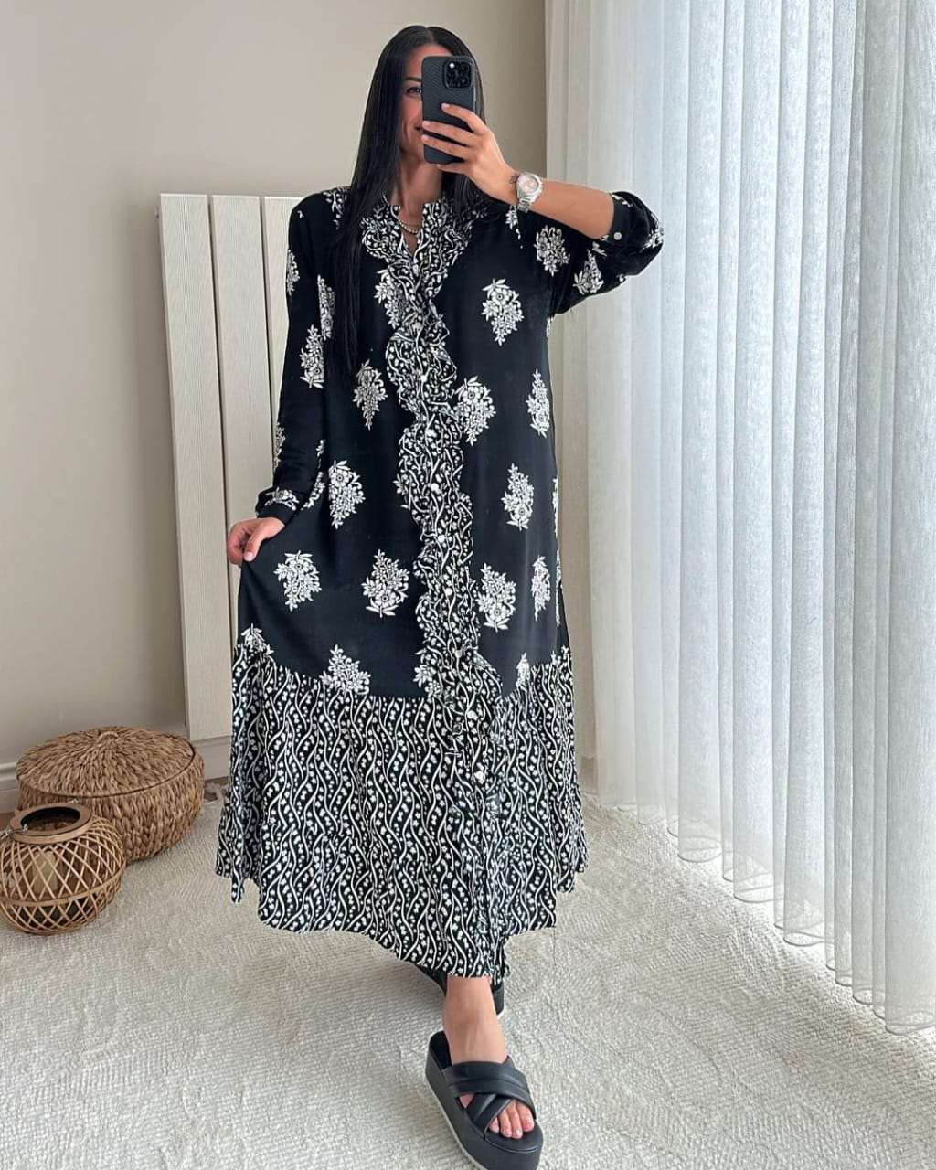 BLACK LINEN WHITE SCREN PRINTED MAXI DRESS COLLECTION FOR WOMEN SCREEN TEST Citystanja