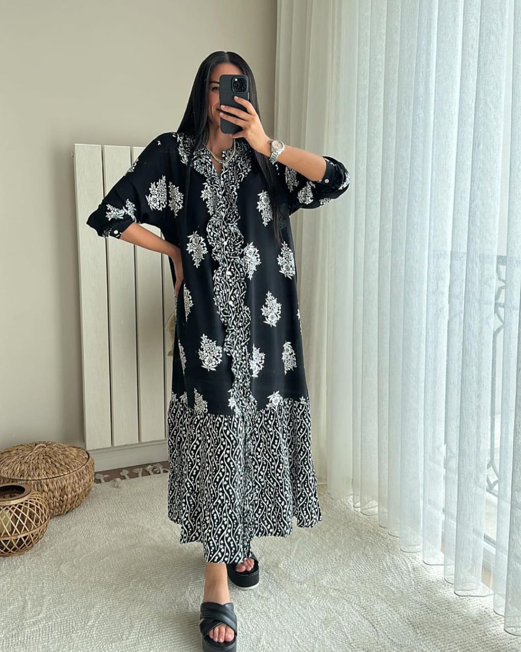 BLACK LINEN WHITE SCREN PRINTED MAXI DRESS COLLECTION FOR WOMEN SCREEN TEST Citystanja