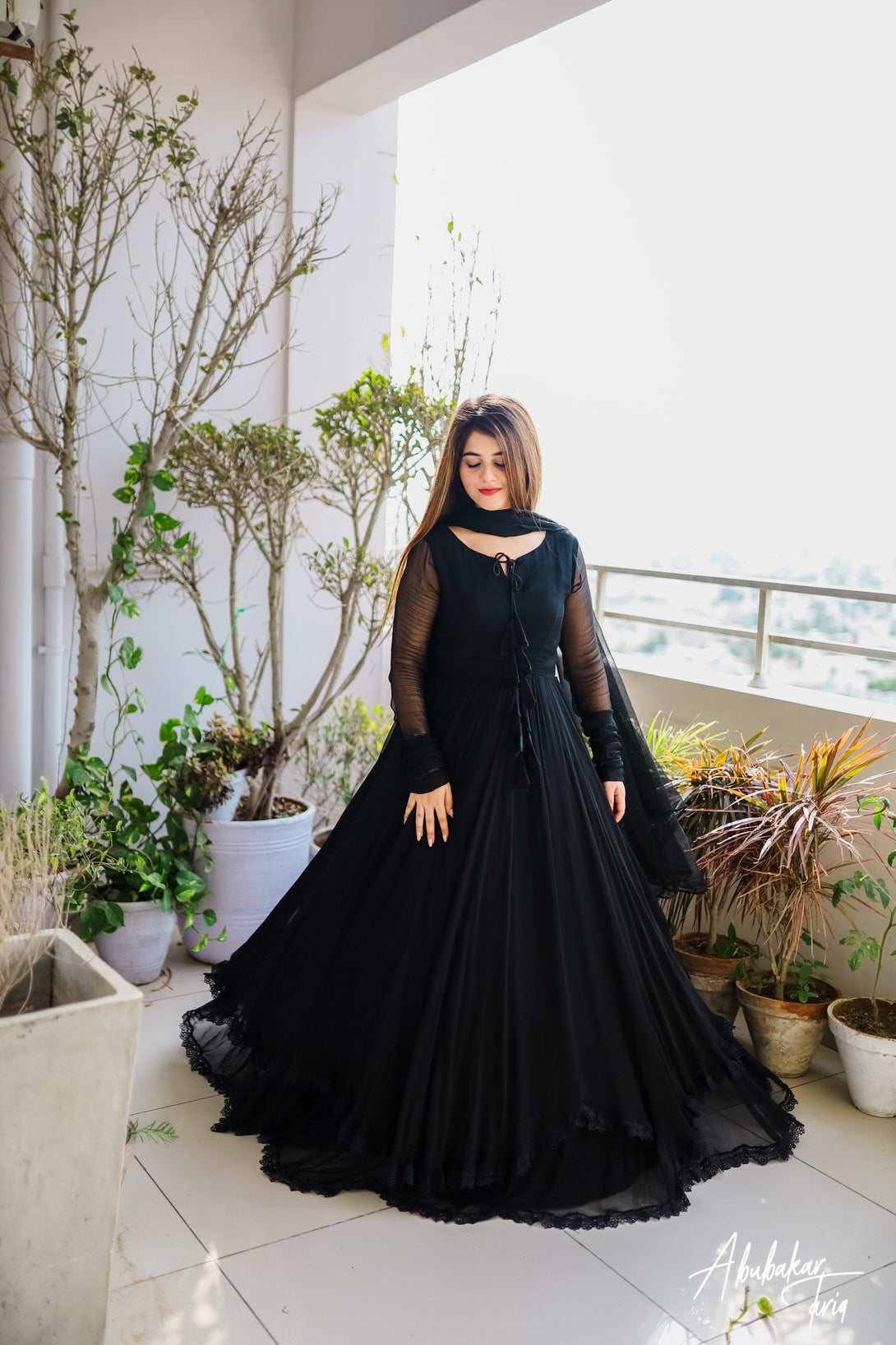 BLACK SOLID DOUBLE LAYER ANARKALI WITH DUPATTA Citystanja