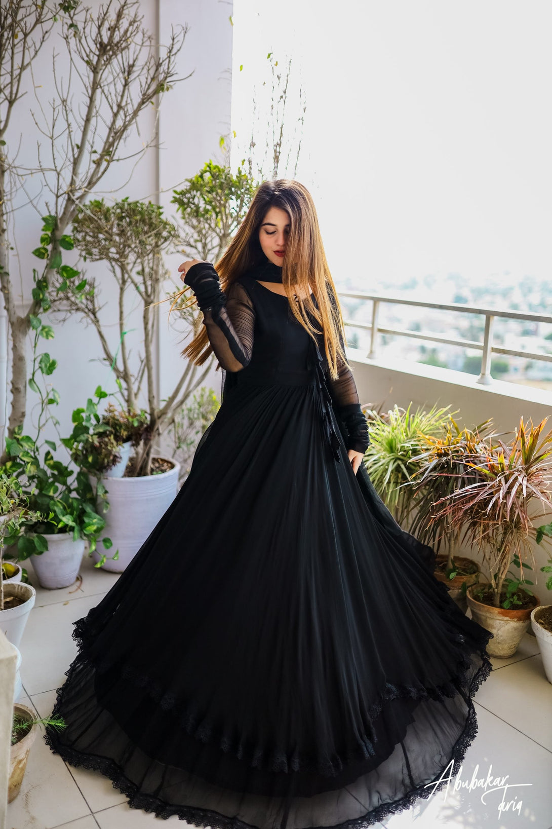 BLACK SOLID DOUBLE LAYER ANARKALI WITH DUPATTA Citystanja