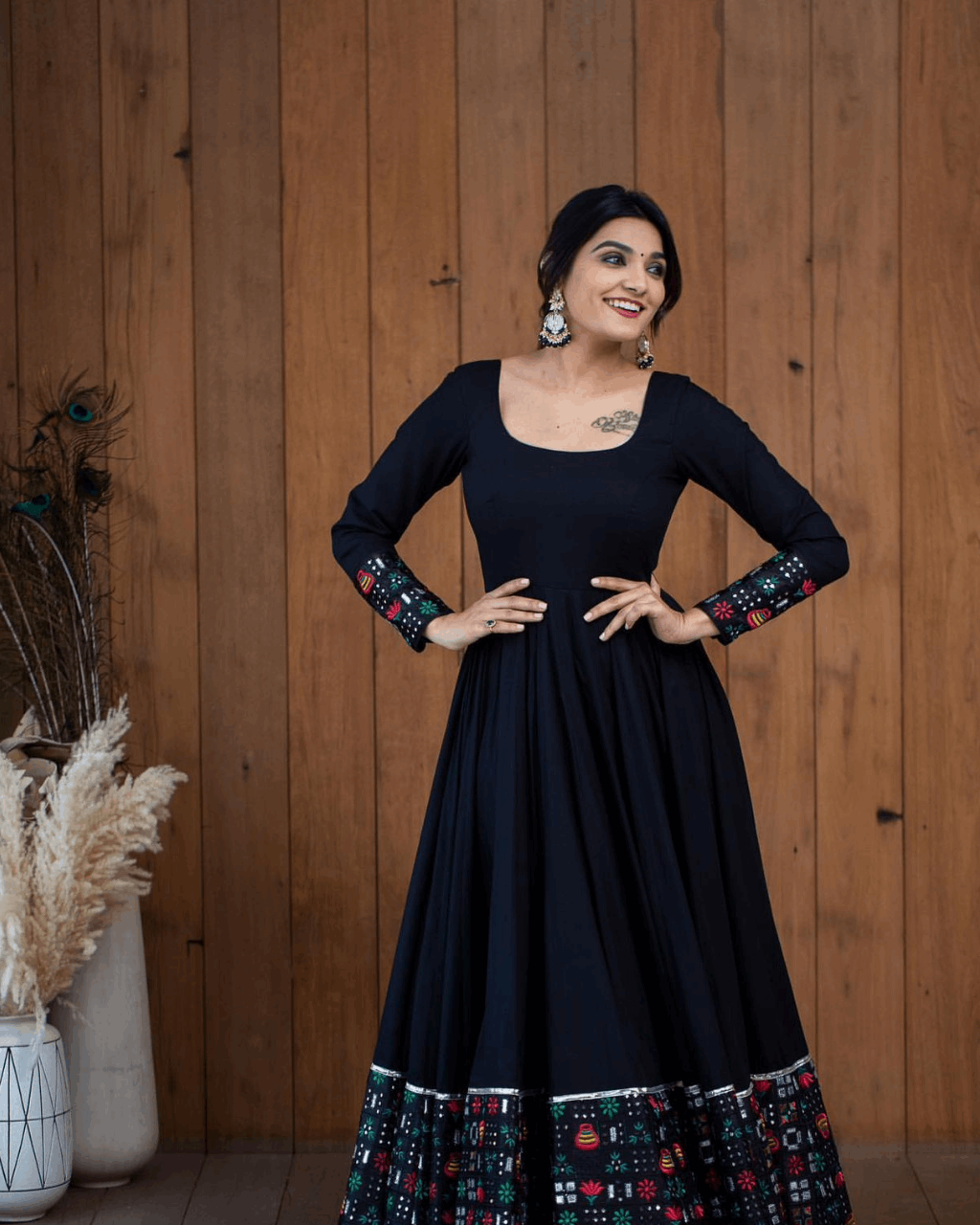 Black Designer Cotton  Ethnic Motif Printed Gown Citystanja