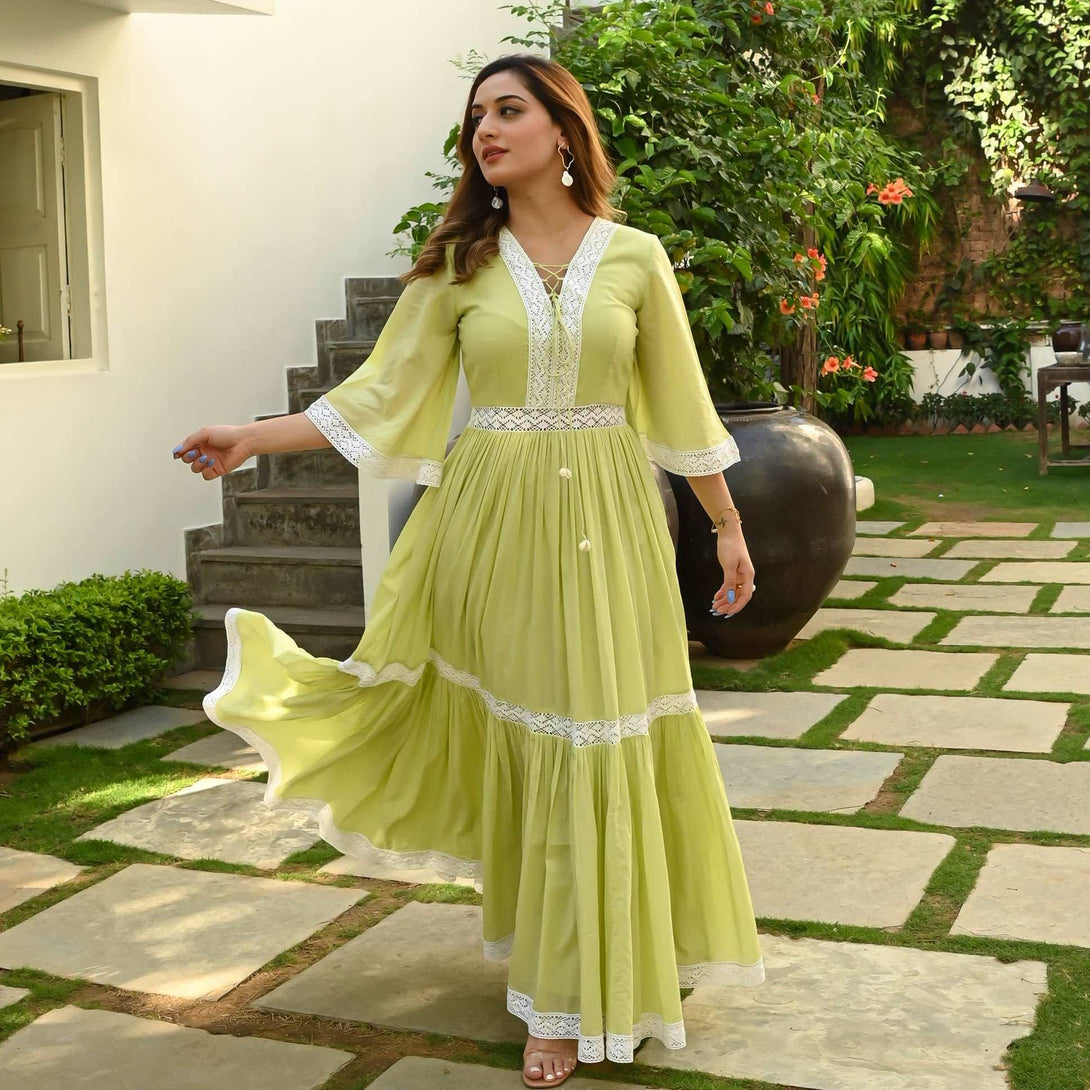 MELLOW GREEN WHITE LASE WORK LONG COTTON DRESS = 971