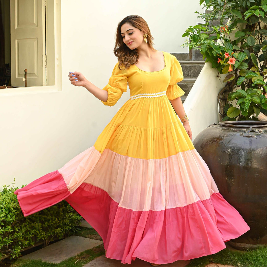 COTTON 3 COLOR COMBINATION LONG DRESS Citystanja COTTON 3 COLOR COMBINATION LONG DRESS Citystanja