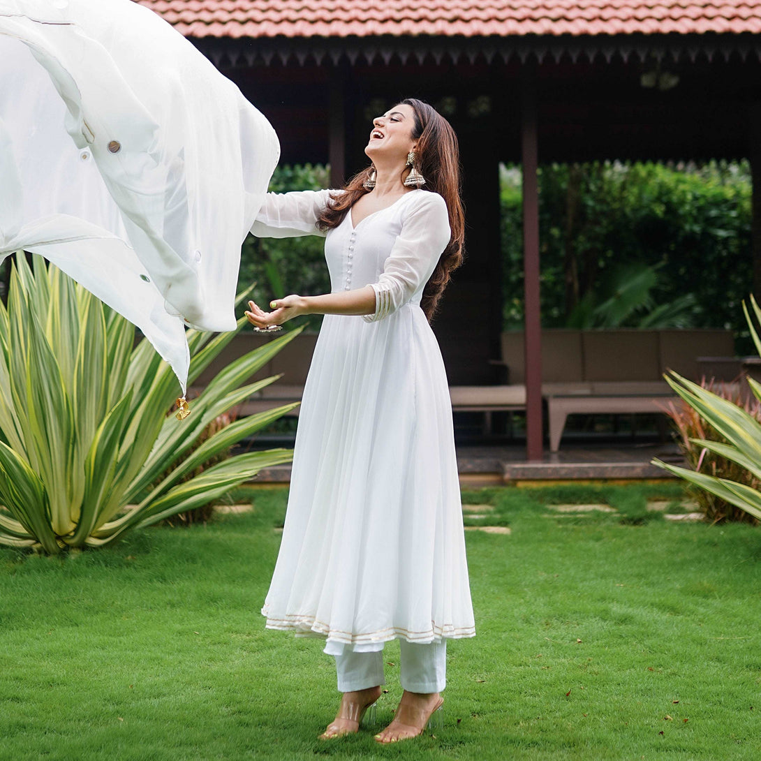 WHITE ANARKALI AND PANT WITH DUPATTA - Citystanja