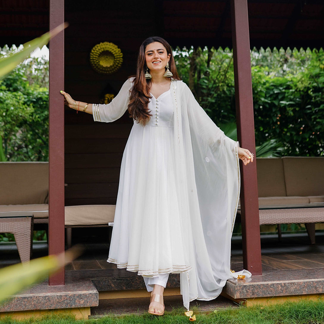 WHITE ANARKALI AND PANT WITH DUPATTA - Citystanja