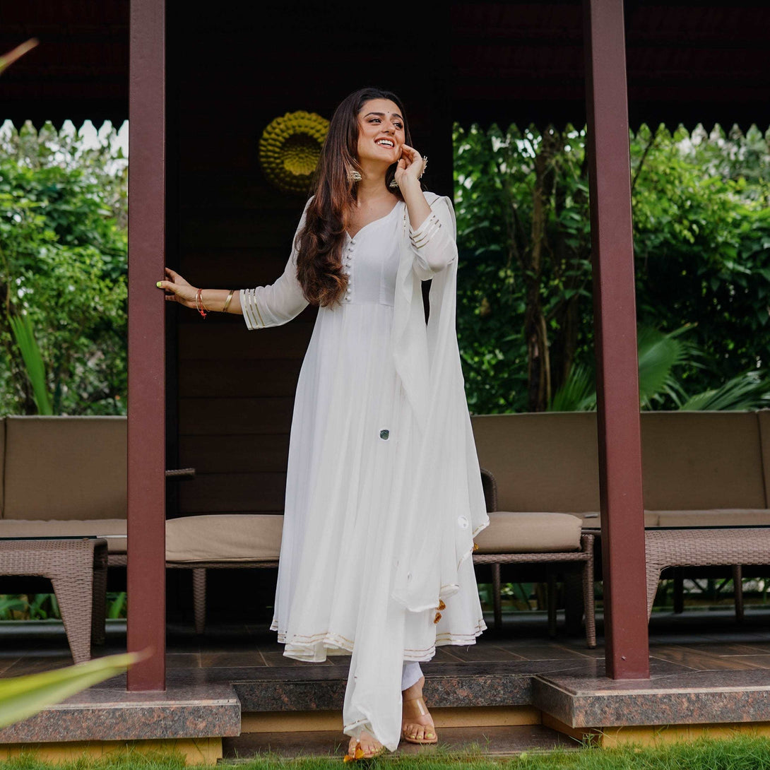 WHITE ANARKALI AND PANT WITH DUPATTA - Citystanja