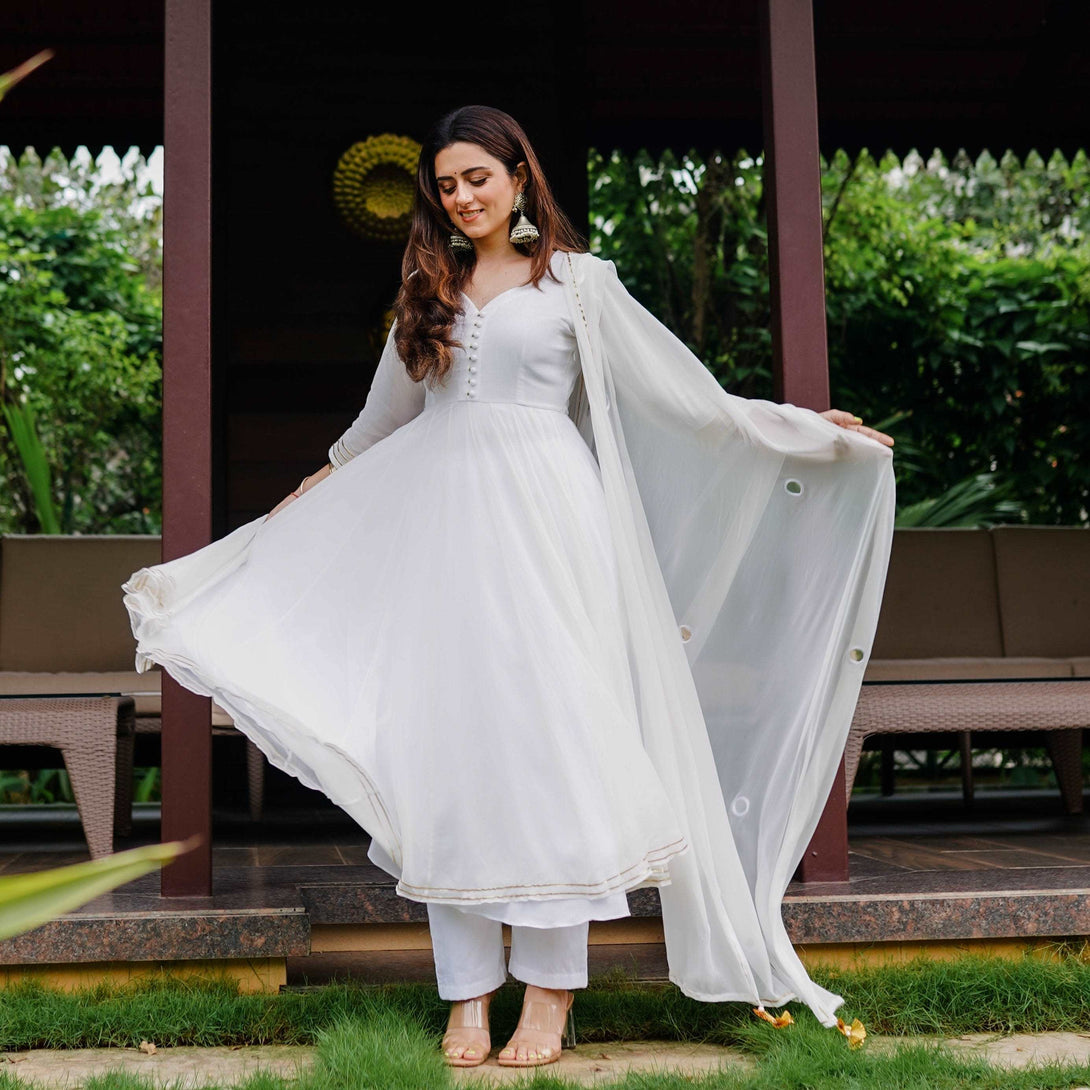 WHITE ANARKALI AND PANT WITH DUPATTA - Citystanja