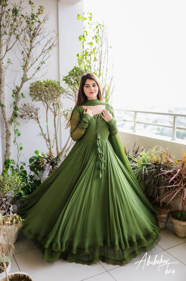 DOUBLE LAYER SOLID GREEN ANARKALI SUIT SET