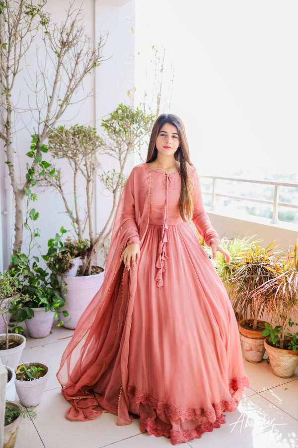 PEACH  SOLID GEORGETTE DOUBLE LAYER ANARKALI WITH DUPATTA