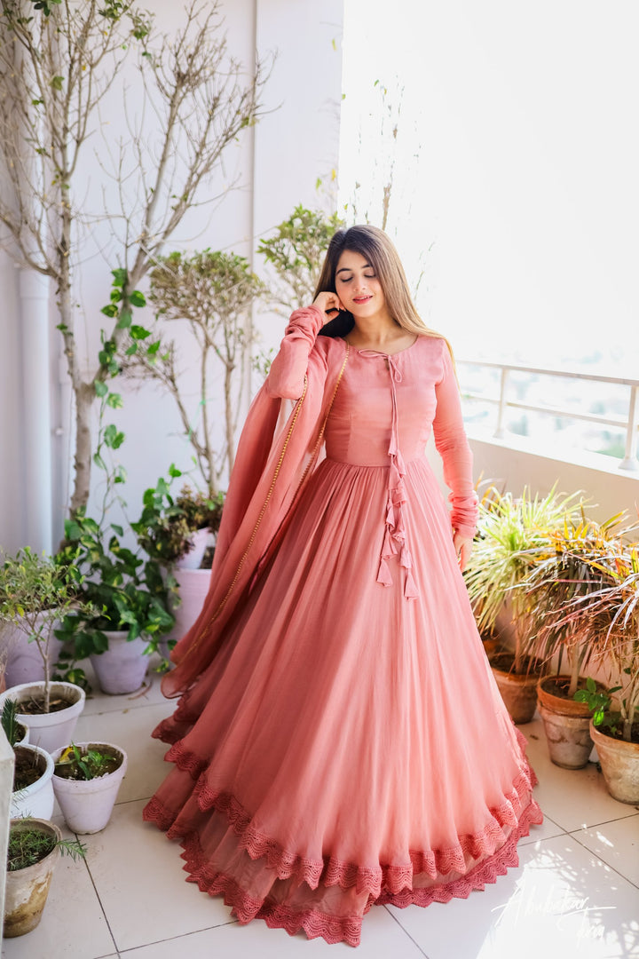 PEACH SOLID GEORGETTE DOUBLE LAYER ANARKALI WITH DUPATTA – Citystanja