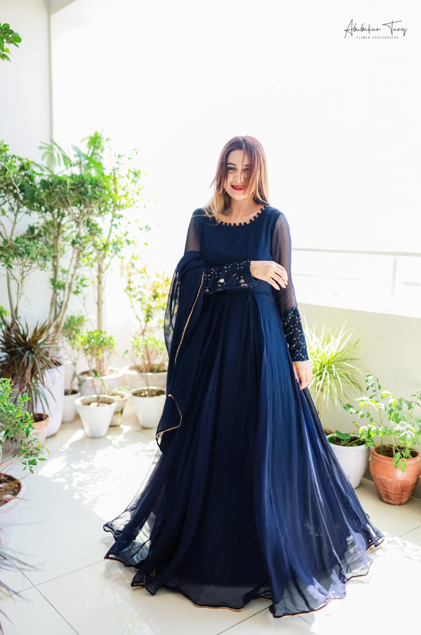 SOLID NAVY BLUE ANARKALI SUIT SET WITH DUPATTA