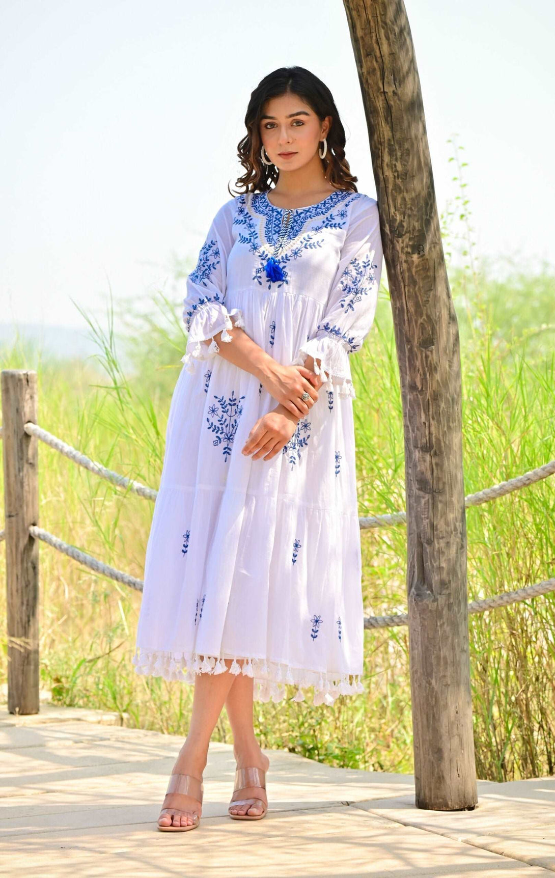 WHITE EMBROIDERY COTTON MIDI DRESS