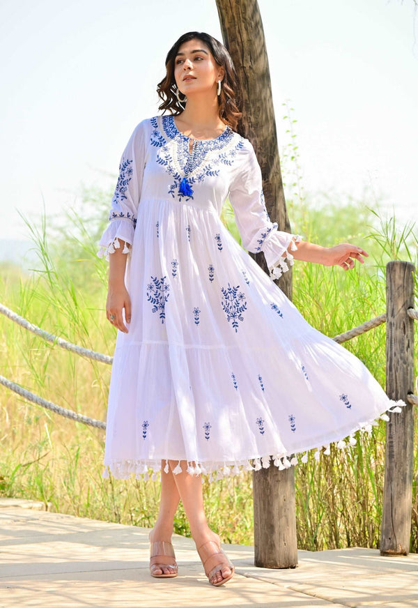 WHITE EMBROIDERY COTTON MIDI DRESS