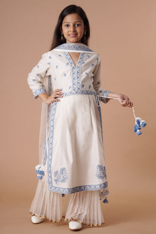 Ivory & Blue cotton Screen printed Sharara Set For Girls