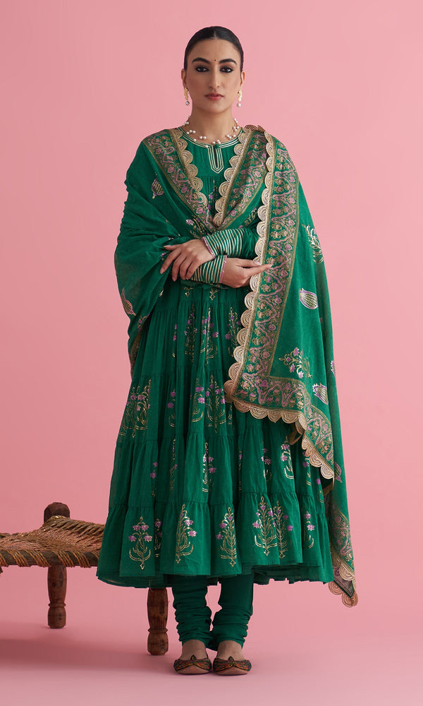 Apala Green Foil Print Boota Tiered Anarkali With Chooridar And Dupatta