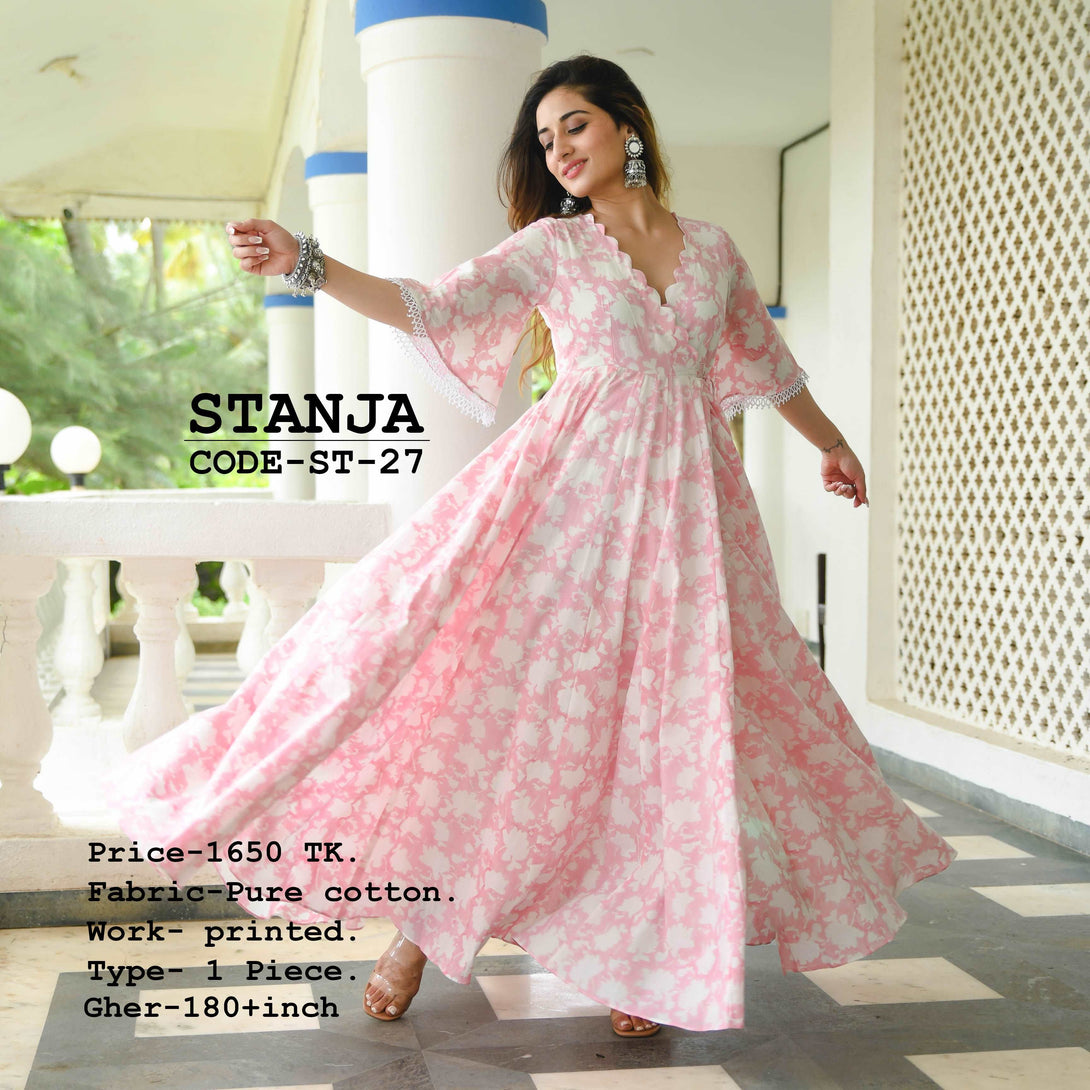 BABY PINK PRINTED WOMEN COTTON DRESS - Citystanja