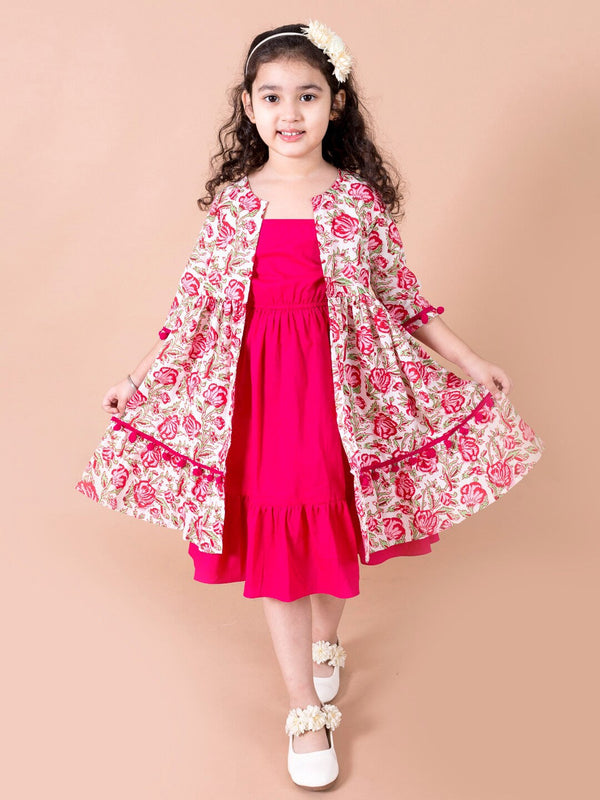 Magenta & White Floral A-Line Cotton Dress with Attached Shrug Screen printed