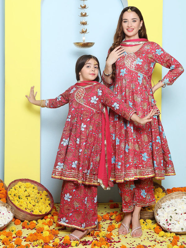 Floral Screen Printed Angrakha Anarkali Kurta & Trousers With Dupatta