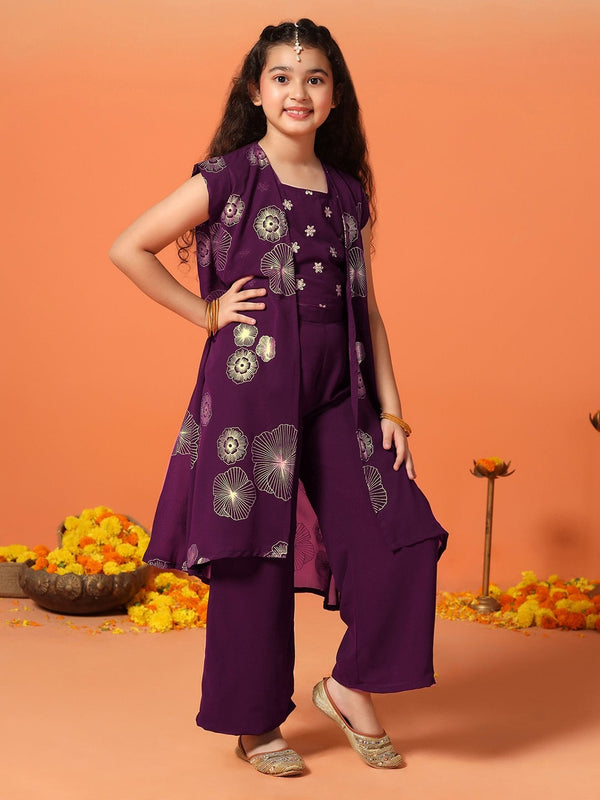 Girls Floral Screen Printed Top with Palazzos & Shrug