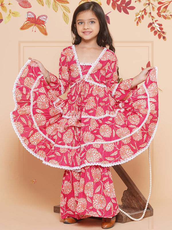 Pink Floral printed Tiered style kurta