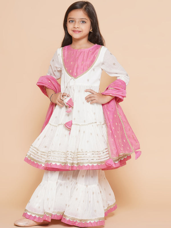 Girls white Ethnic Motifs Printed Round-Neck Kurta Sharara set With Dupatta