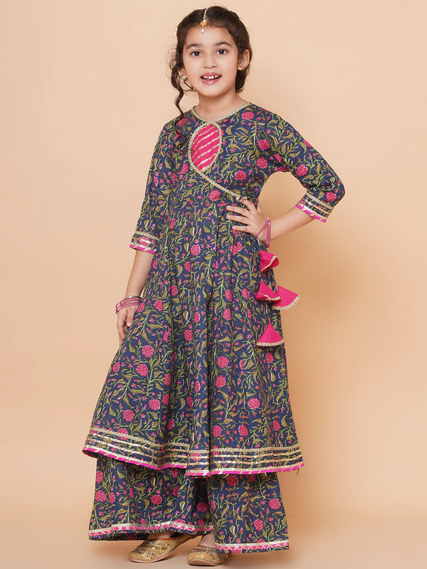 Blue Floral Printed Angrakha Gotta Patti Kurta Sharara set With Dupatta