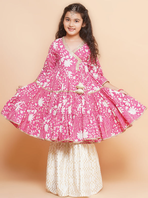 Pink Floral printed Angrakha style Kurta Cotton set