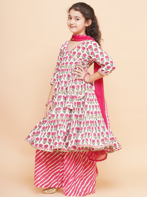 Off-white Pink Screen Printed Round- Neck Kurta with Plazzo with Dupatta
