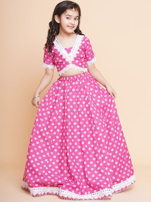 Pink Bandhani Printed Lace Work Choli With Lehenga.