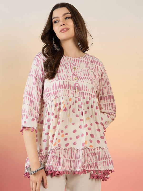 Polka Dot Screen Printed Pure Cotton Pleated Anarkali Kurti - Kurtis for Women