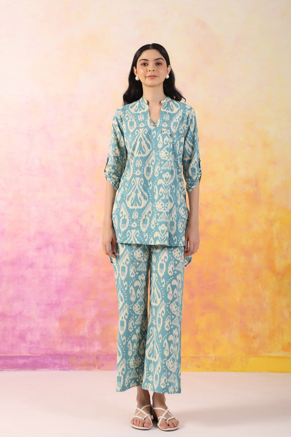 Aqua cotton co-ord set Screen Printed