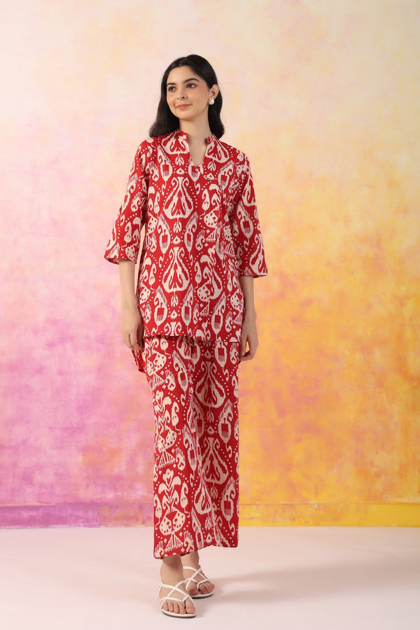 Red cotton co-ord set Screen Printed