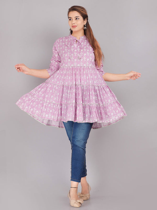 Pink Floral Screen Print Tie-Up Neck Tiered Tops
