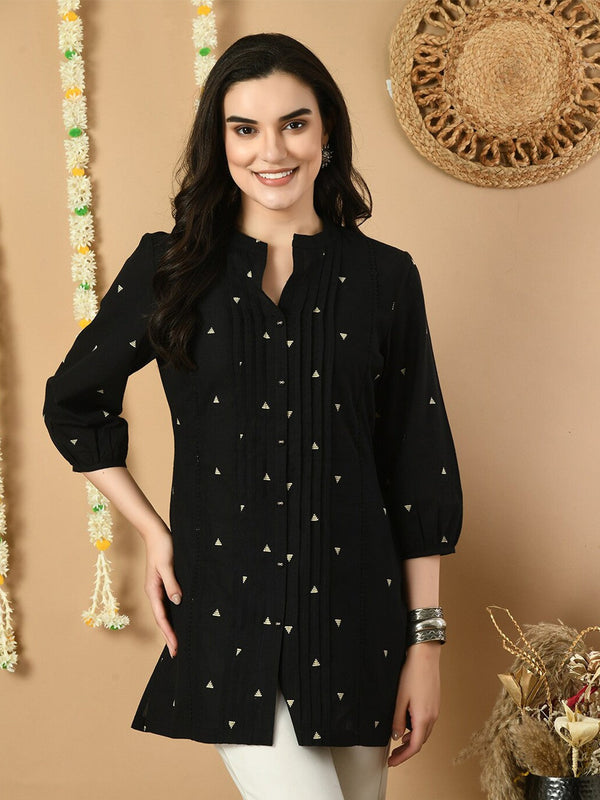 Black Screen Printed Mandarin Collar Cotton Tunic