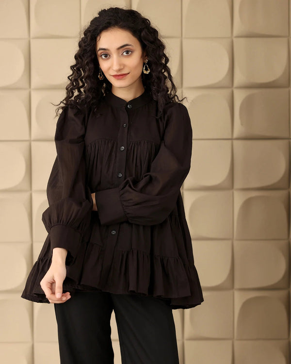 CLASSIC BLACK COTTON TIERED SHIRT