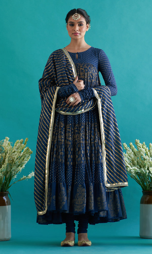 midnight blue Screen printed tiered anarkali with churidar and dupatta