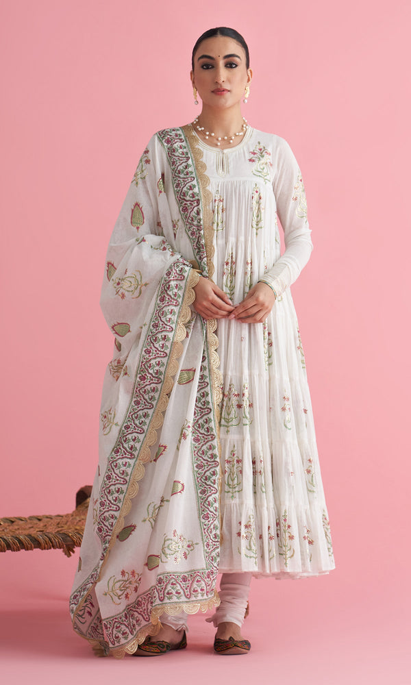 Color Ivory Foil Print Boota Tiered Anarkali With Chooridar And Dupatta (Set Of 3)