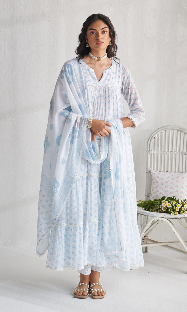 powder blue tiered block printed anarkali with palazzo and dupatta